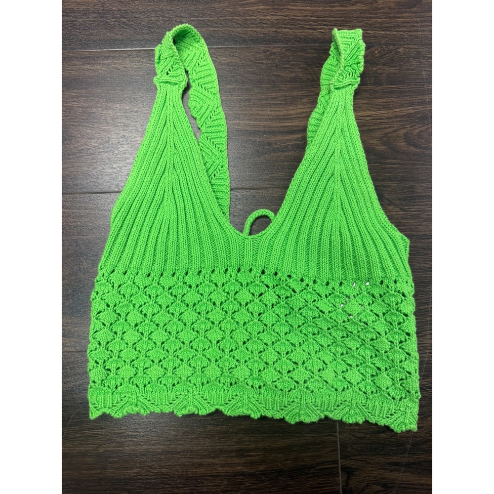 Forever 21 Vibrant Lime Green‎ Crochet Lace-Up Knit Crop Top - Size Small